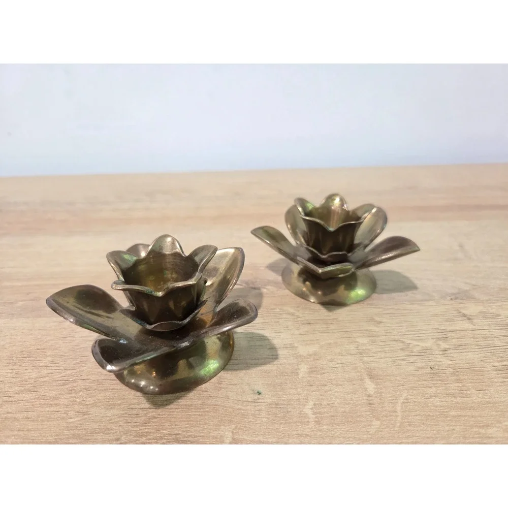 Vintage Solid Brass Flower Lotus Water Lily Candlestick Holders Set of 2